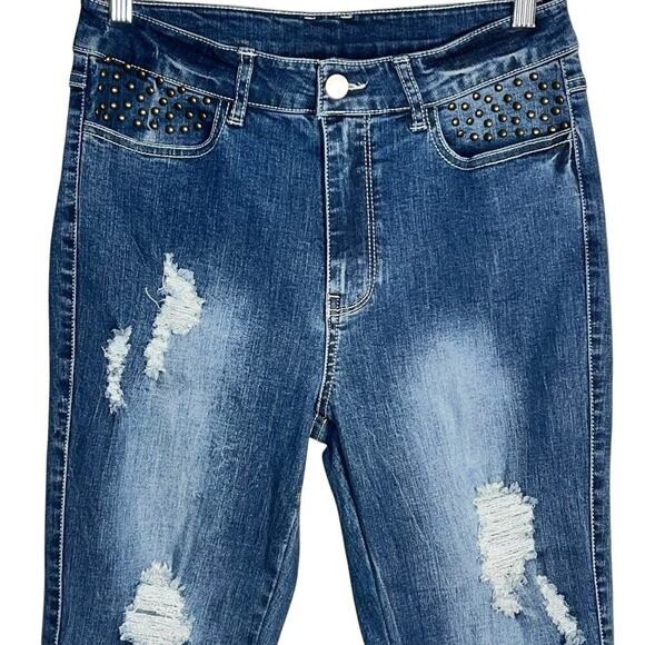 Philosophy Republic Skinny Jeans Studded Pockets Distressed Medium Wash Size 8 - Picture 2 of 8